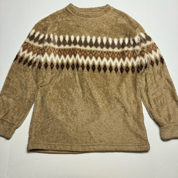 Uniqlo Women's Lightweight Fleece Fair Isle Crew Neck Top Brown Beige Size: L - Picture 2 of 13